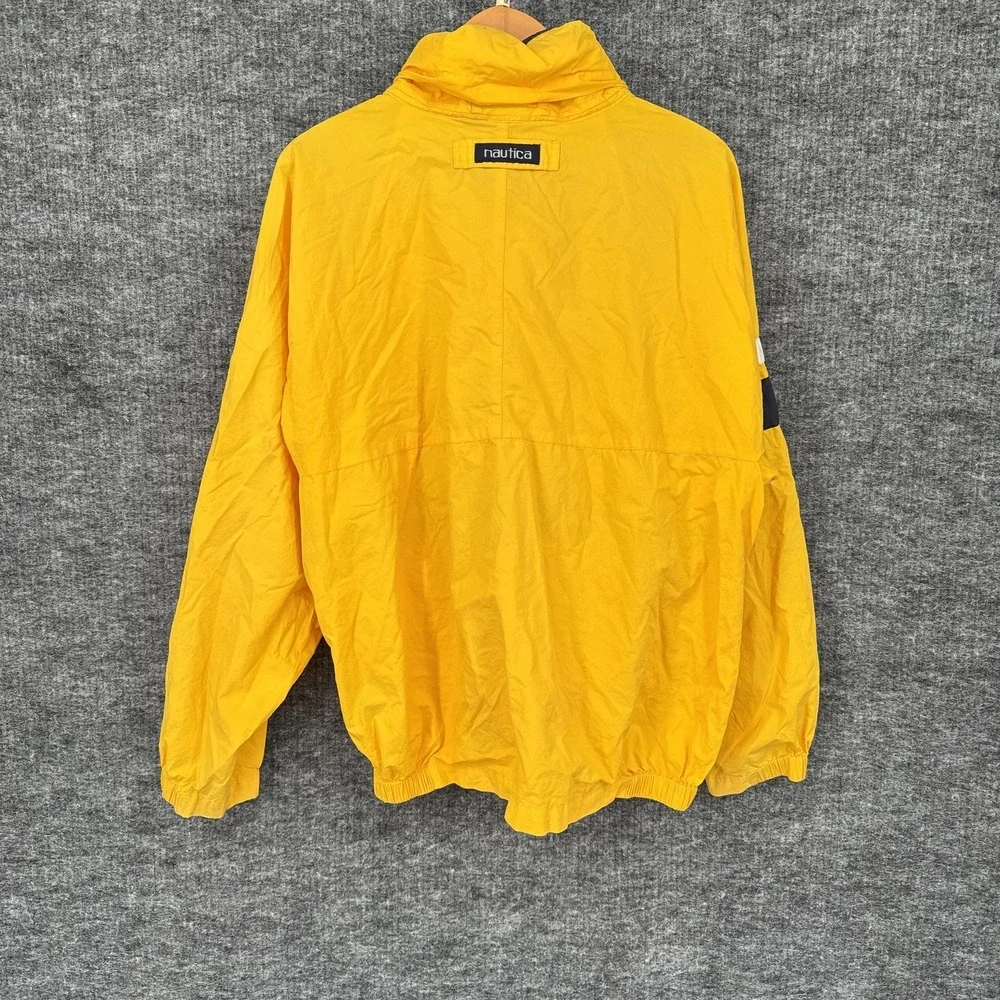 Nautica Jacket Mens Medium Yellow Canvas Hooded Windbreaker Lined Logo Sailing‎